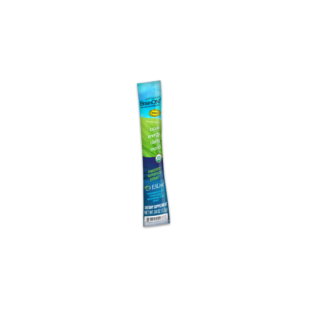 E3 Live BrainON Supplement stick pack on a white background