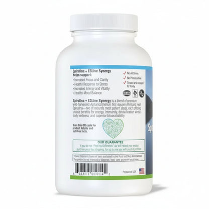 White supplement bottle with label on a white background