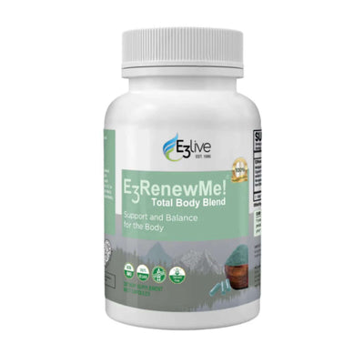 white supplement bottle of E3Live E3RenewMe Total Body Blend supplement bottle on a white background