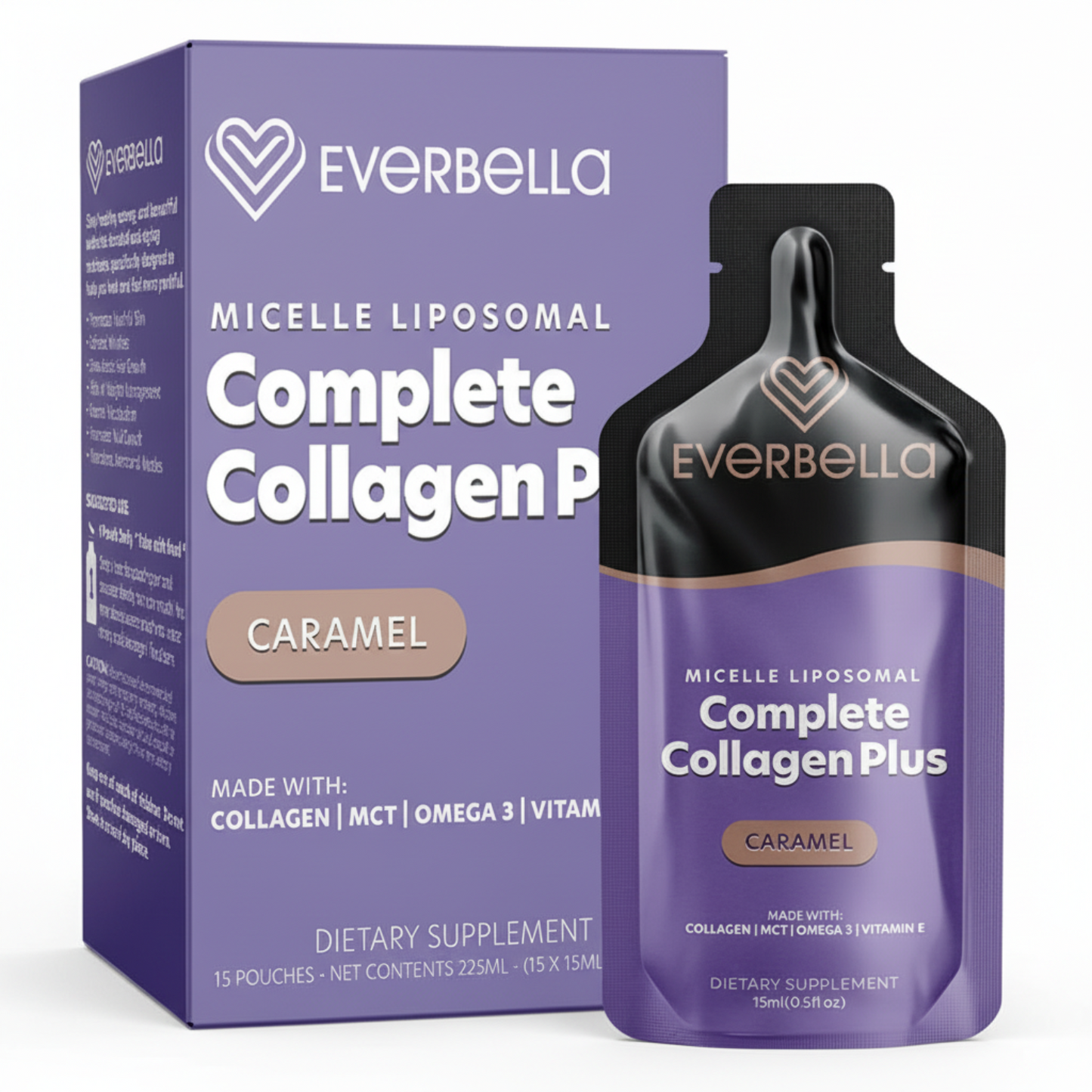 purple box and bottle-type container of Everbella Complete Collagen Plus Caramel dietary supplement on a white background