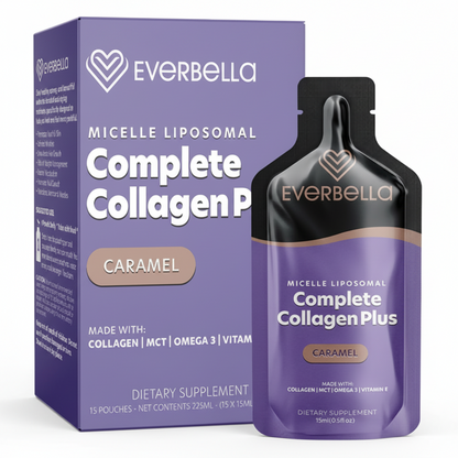 purple box and bottle-type container of Everbella Complete Collagen Plus Caramel dietary supplement on a white background