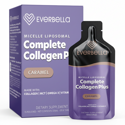 purple box and bottle-type container of Everbella Complete Collagen Plus Caramel dietary supplement on a white background
