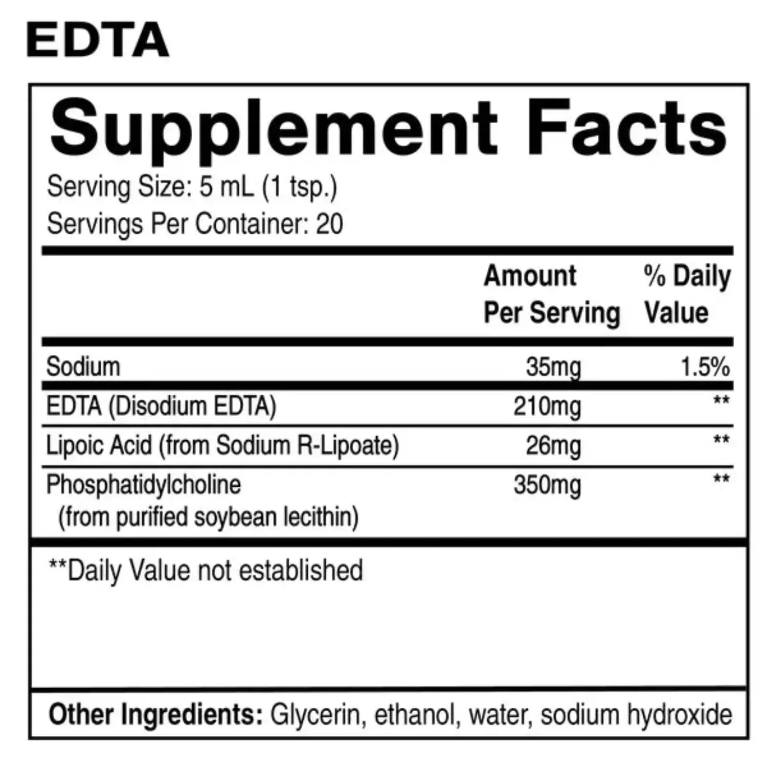 Supplement facts for EDTA with R-Lipoic Acid, highlighting Systemic Heavy Metal Support ingredients.