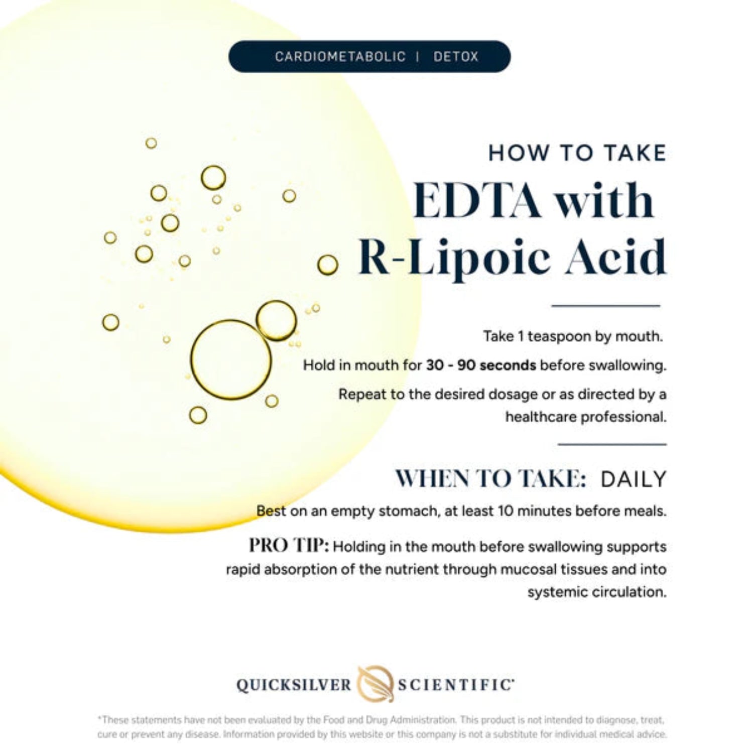Instructional graphic on how to take EDTA with R-Lipoic Acid, featuring Quicksilver Scientific branding