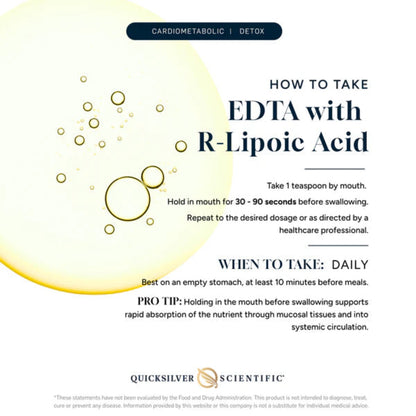 Instructional graphic on how to take EDTA with R-Lipoic Acid, featuring Quicksilver Scientific branding