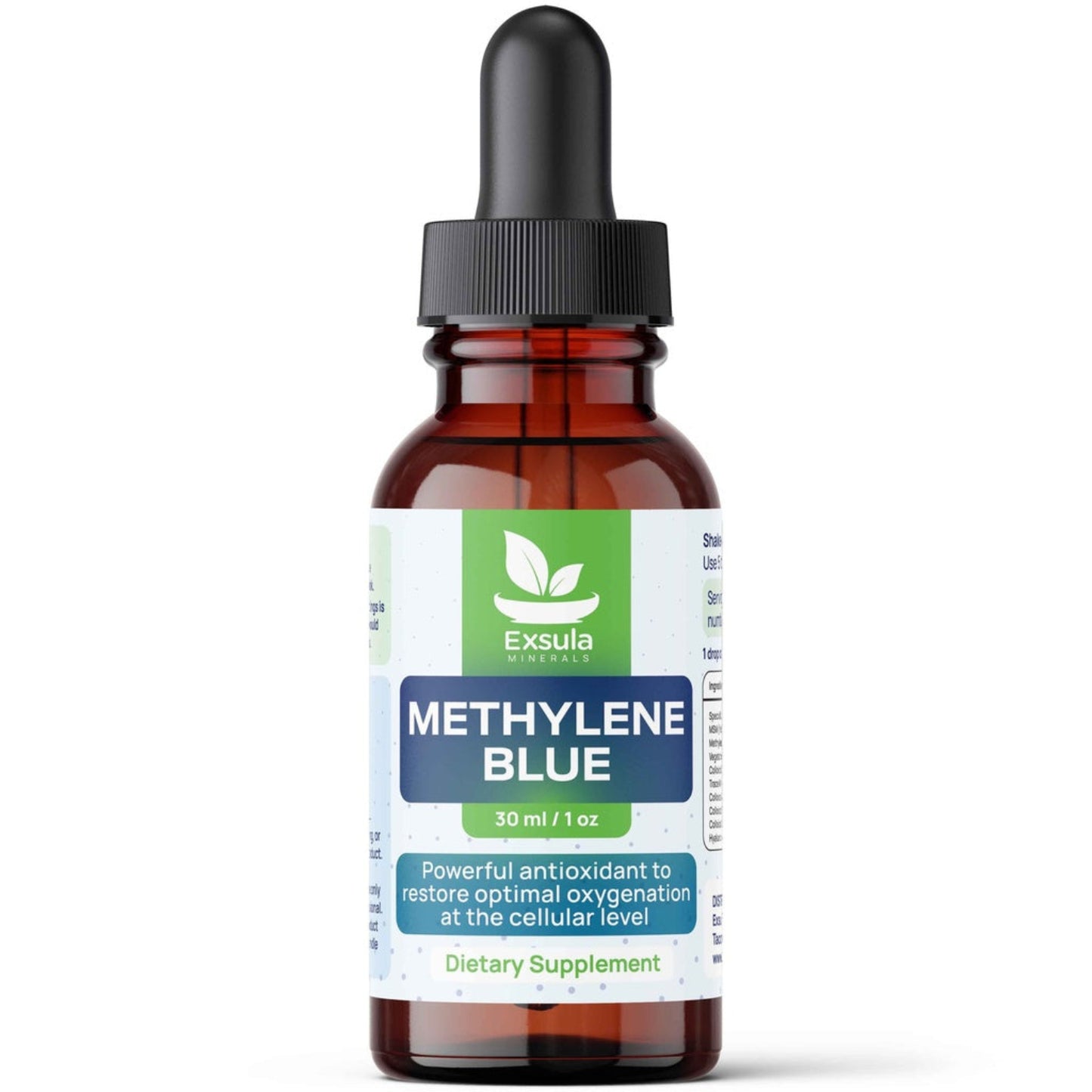 Bottle of Methylene Blue dietary supplement with Excula label on a white background