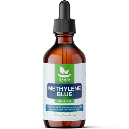 Bottle of Exsula Methylene Blue supplement on a white background