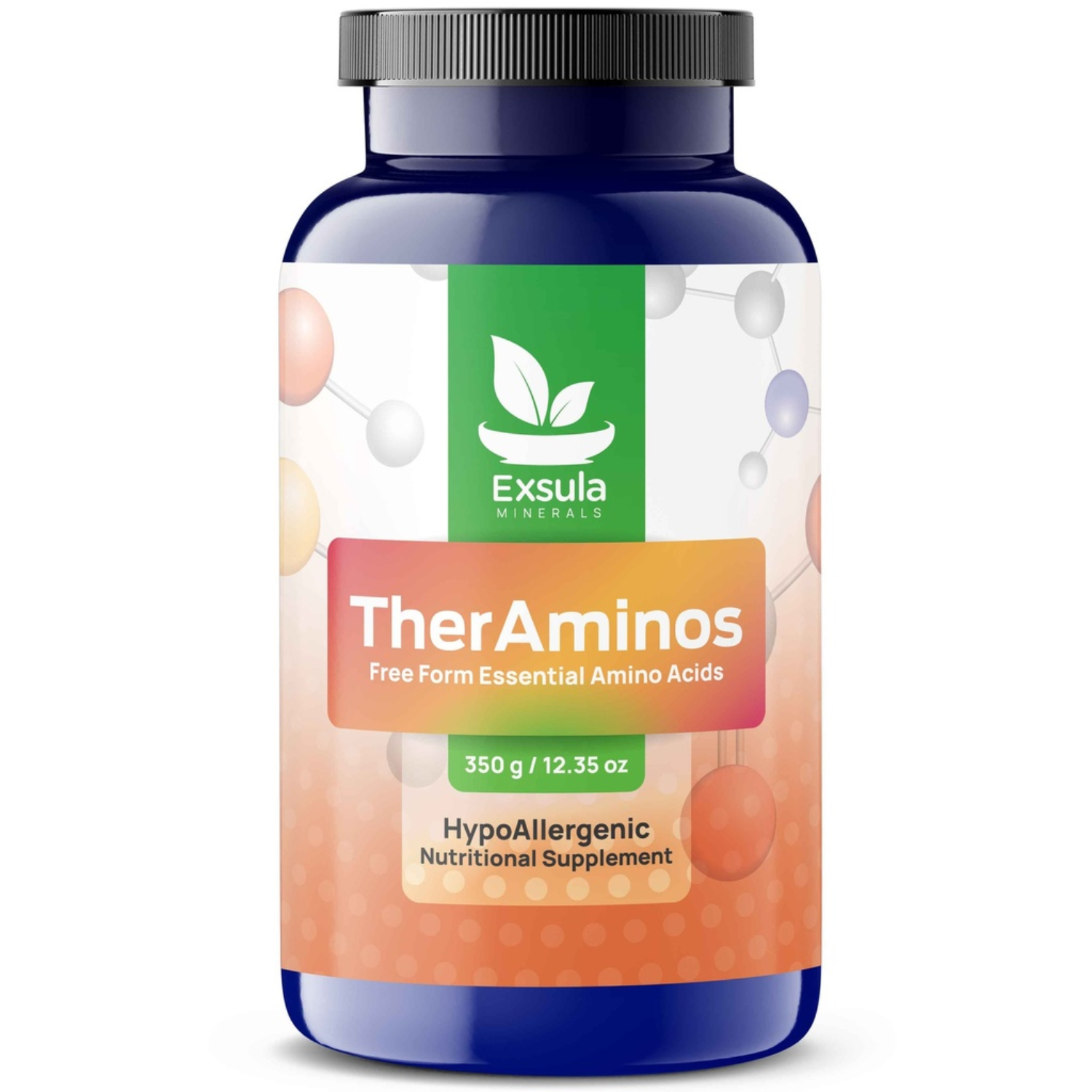 Supplement bottle labeled 'TherAminos' by Exsula on a white background