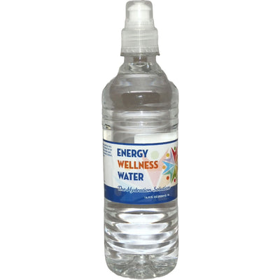 Clear bottle of Energy Wellness Water with a colorful label on a white background