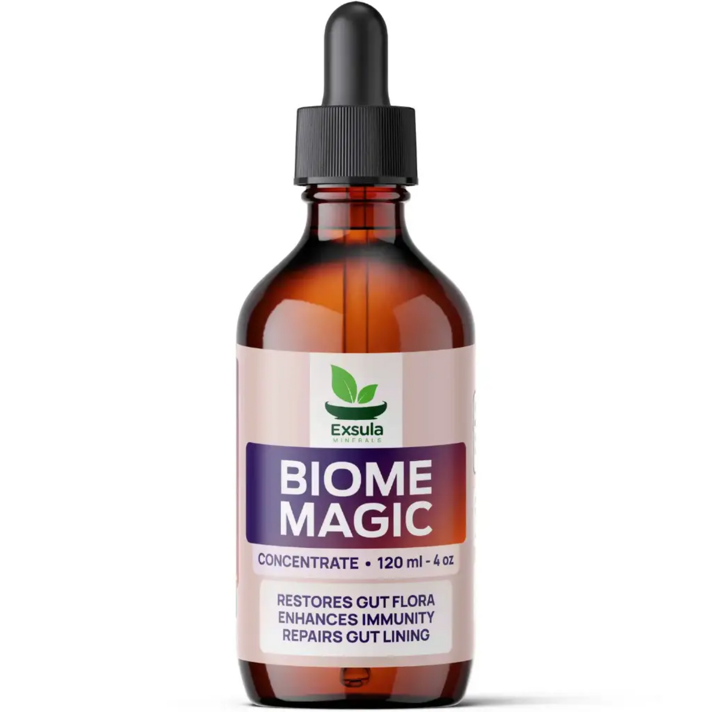 Bottle of Exsula Biome Magic supplement with a dropper on a white background