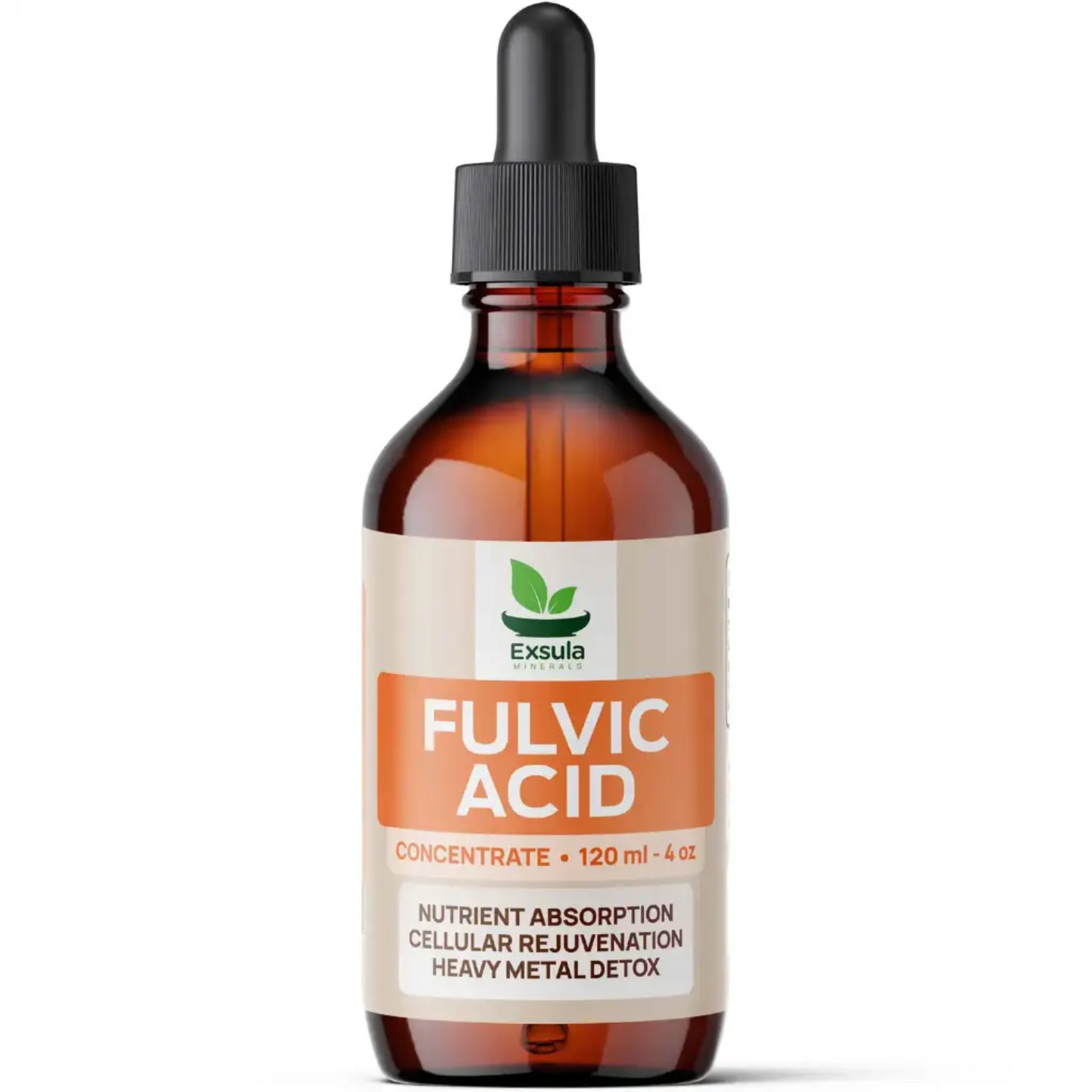 Bottle of Exsula Fulvic Acid with a dropper on a white background