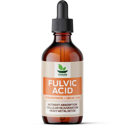Bottle of Exsula Fulvic Acid with a dropper on a white background