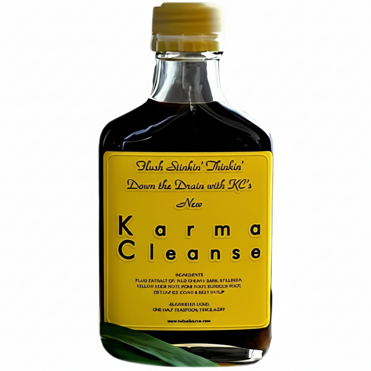 Bottle of 'Karma Cleanse' with a yellow label on a white background