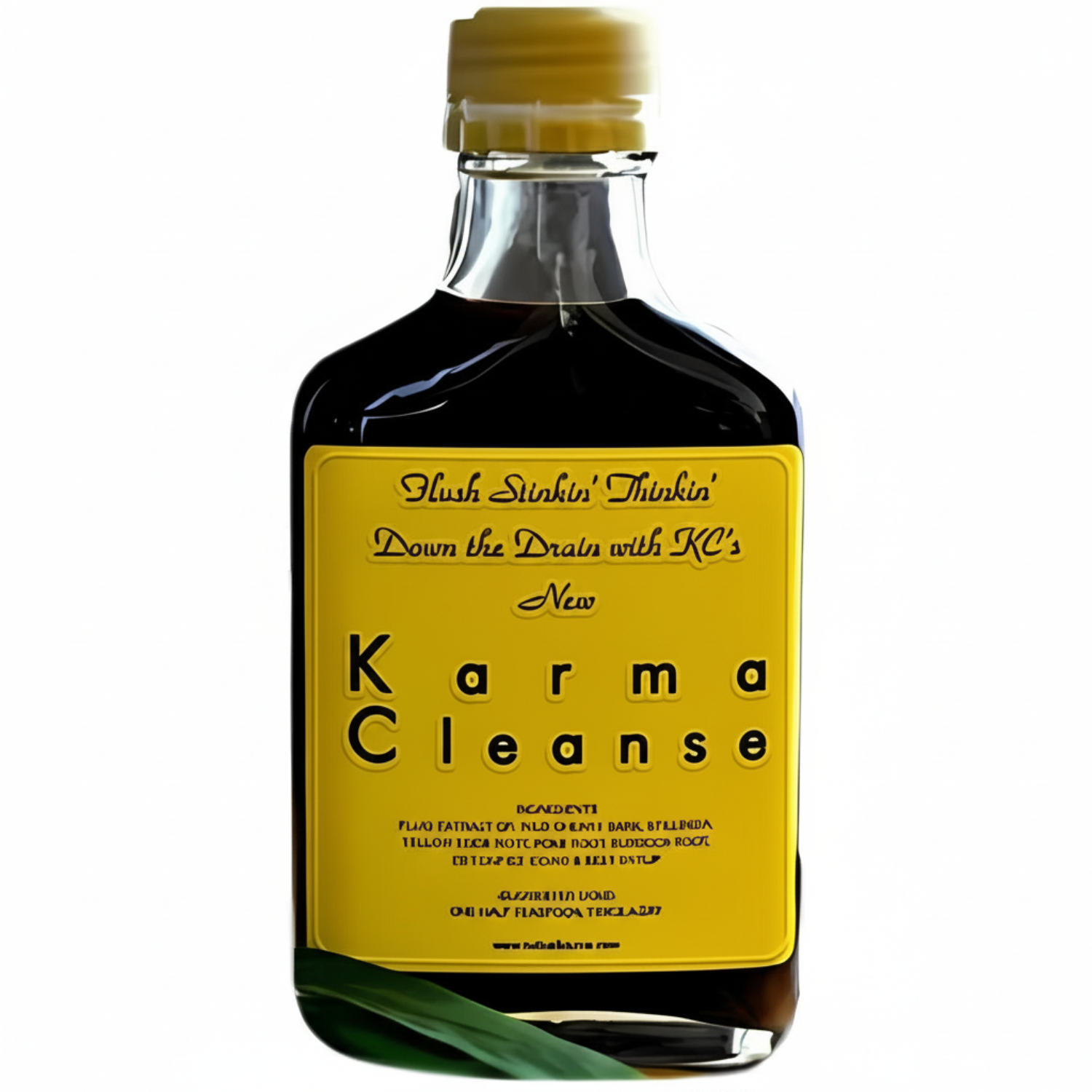Bottle of 'Karma Cleanse' with a yellow label on a white background