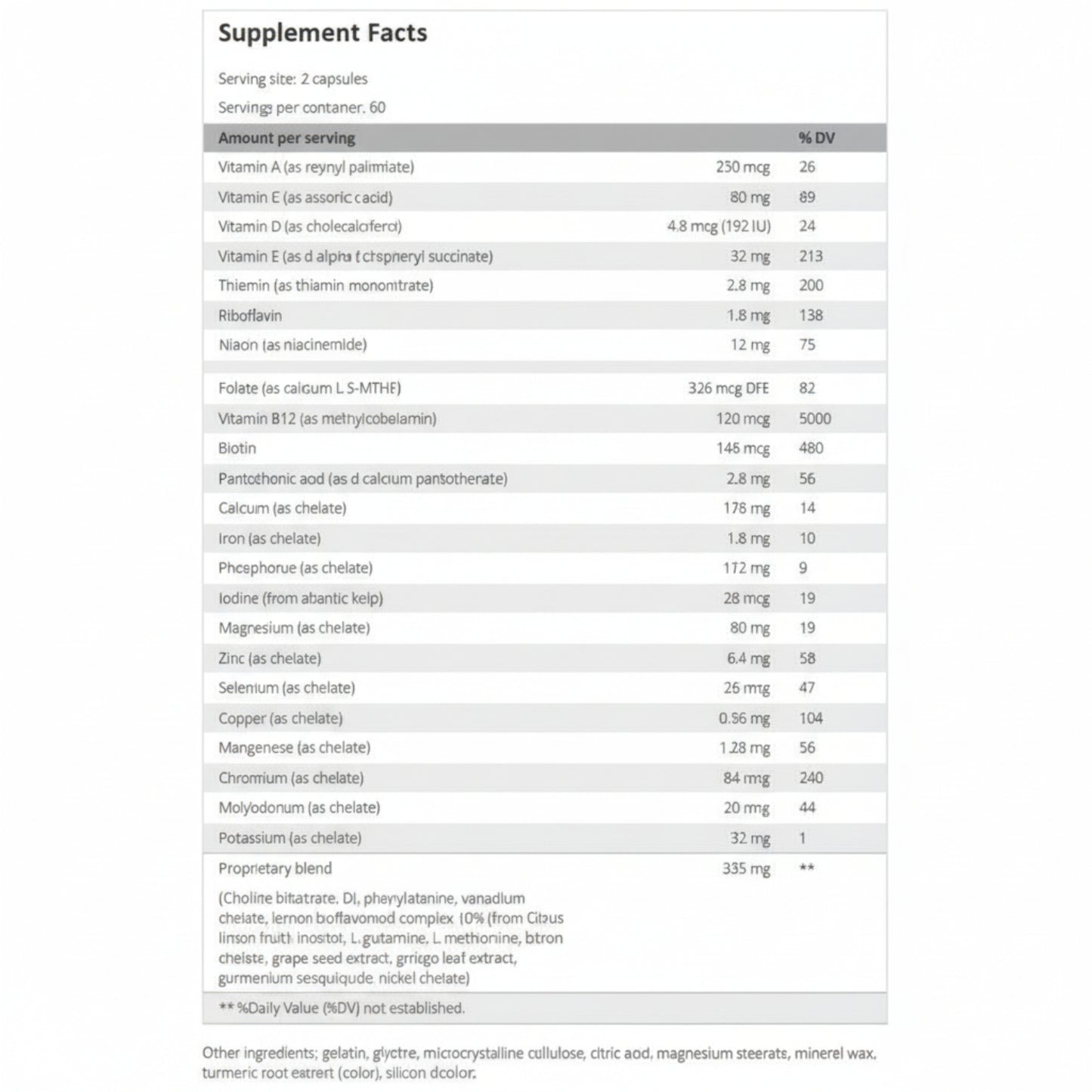 Supplement facts table with various vitamins and minerals listed