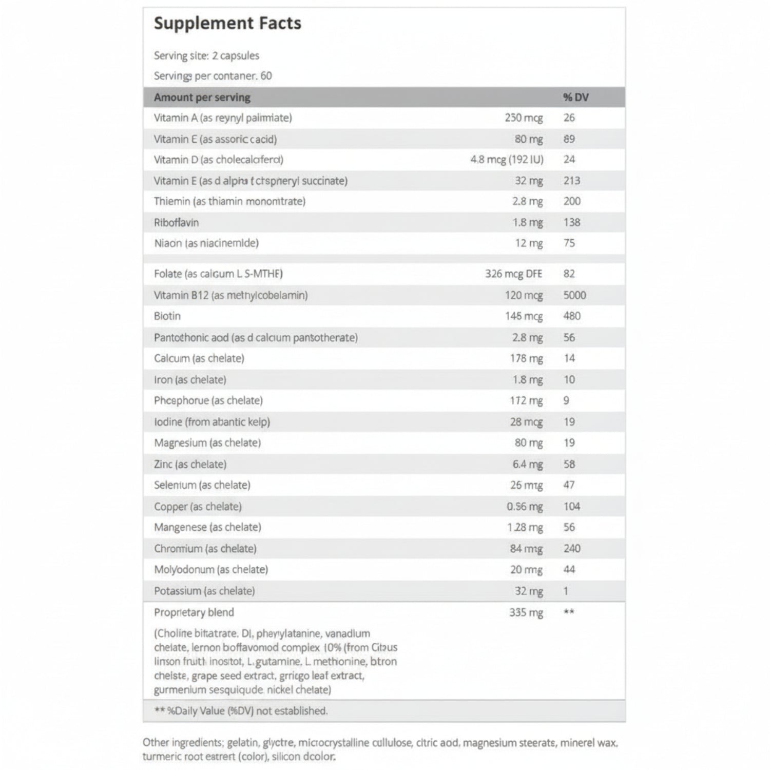 Supplement facts table with various vitamins and minerals listed