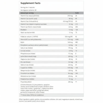 Supplement facts table with various vitamins and minerals listed