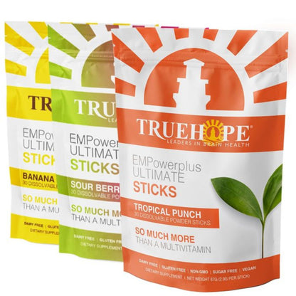 TrueHope Empowerplus Ultimate Sticks packaging with 3 different flavors on a white background