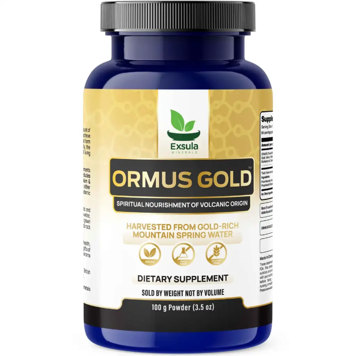 Supplement bottle labeled 'Ormus Gold' by Exsula on a white background