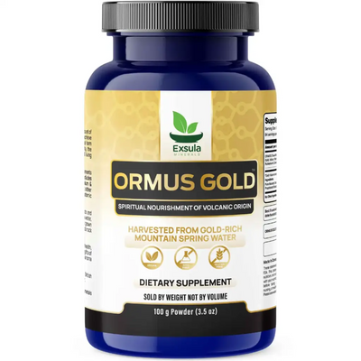 Supplement bottle labeled 'Ormus Gold' by Exsula on a white background