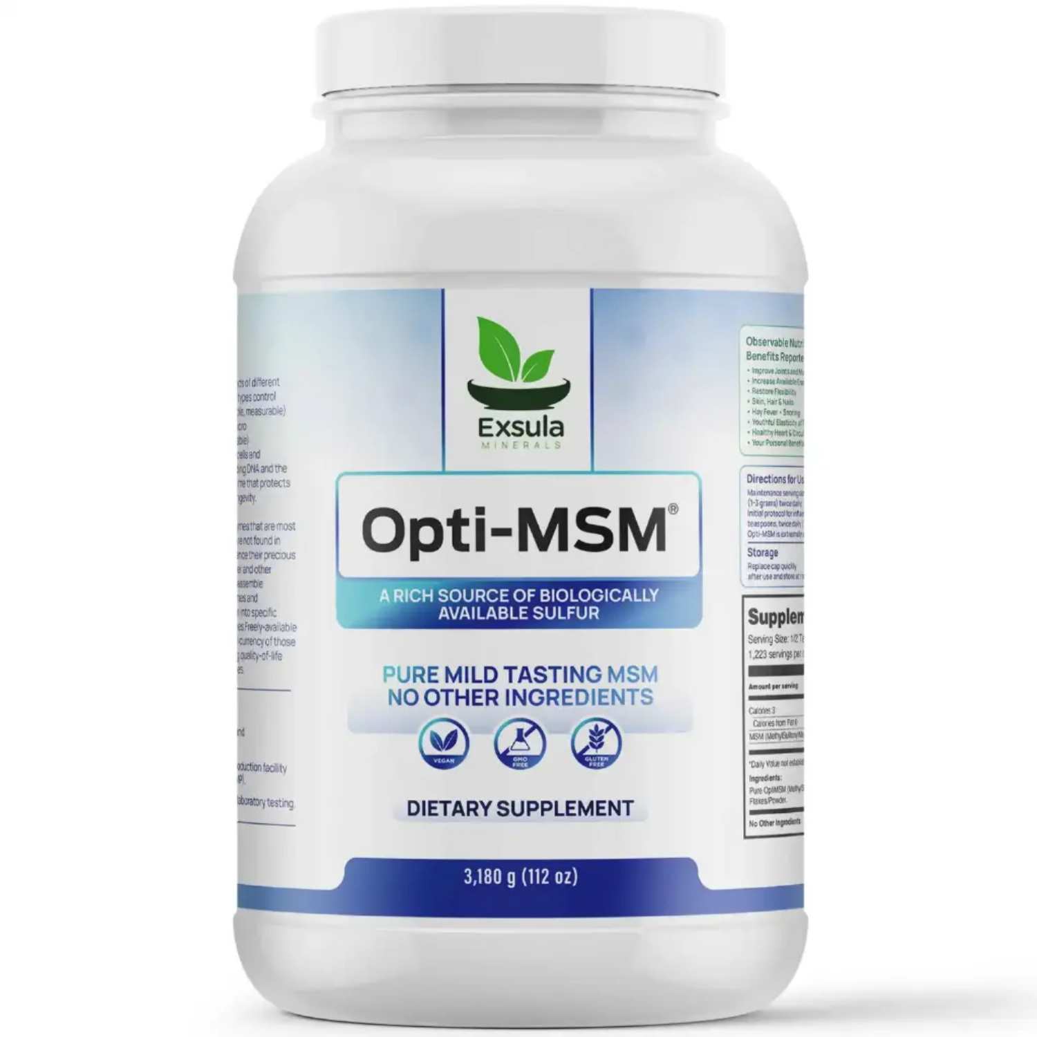 Supplement bottle labeled 'Opti-MSM' by Exsula on a white background