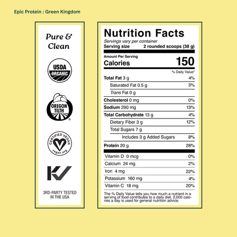 Nutrition facts label for Epic Protein - Organic Plant Protein Powder with superfoods and 20g protein per serving.