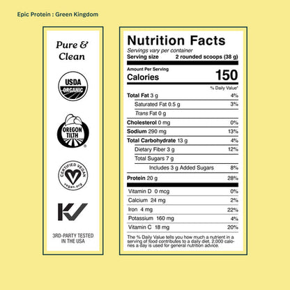 Nutrition facts label for Epic Protein - Organic Plant Protein Powder with superfoods and 20g protein per serving.