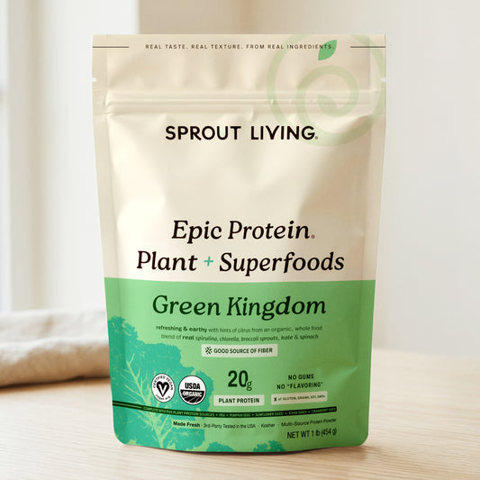 Epic Protein Organic Plant Protein powder packaging featuring superfoods and green kingdom theme.