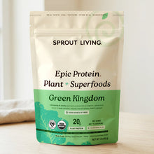 Epic Protein Organic Plant Protein powder packaging featuring superfoods and green kingdom theme.