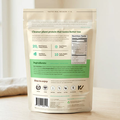 Back of Epic Protein - Organic Plant Protein Powder bag showing ingredients and nutritional information.