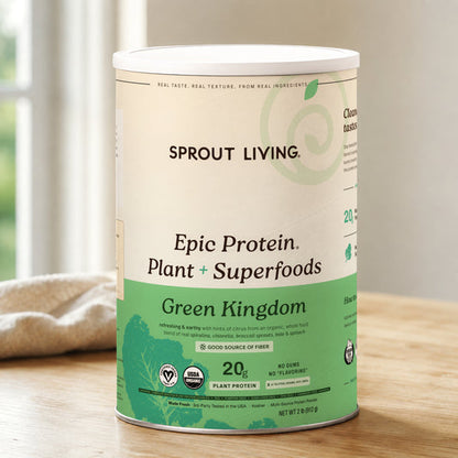 Epic Protein - Organic Plant Protein powder with superfoods from Sprout Living in a green canister on a wooden table.