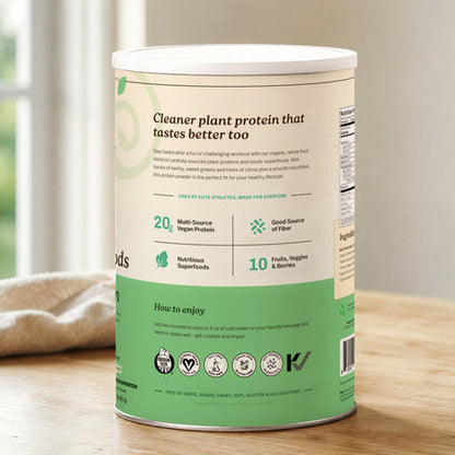 Back view of Epic Protein - Organic Plant Protein Powder canister showcasing benefits and ingredients.