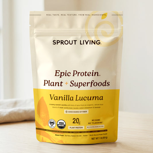 Epic Protein - Organic Plant Protein powder by Sprout Living with superfoods, featuring Vanilla Lucuma flavor.