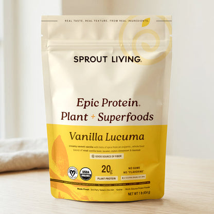 Epic Protein - Organic Plant Protein powder by Sprout Living with superfoods, featuring Vanilla Lucuma flavor.