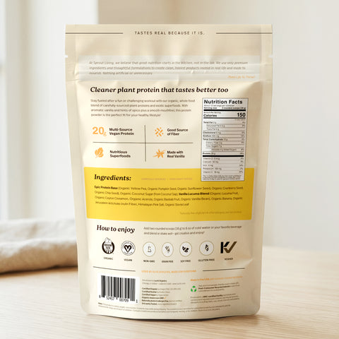 Back of Epic Protein - Organic Plant Protein powder bag showcasing nutrition facts and ingredients.