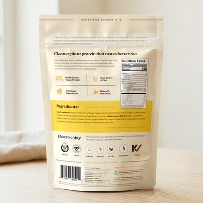 Back of Epic Protein - Organic Plant Protein powder bag showcasing nutrition facts and ingredients.