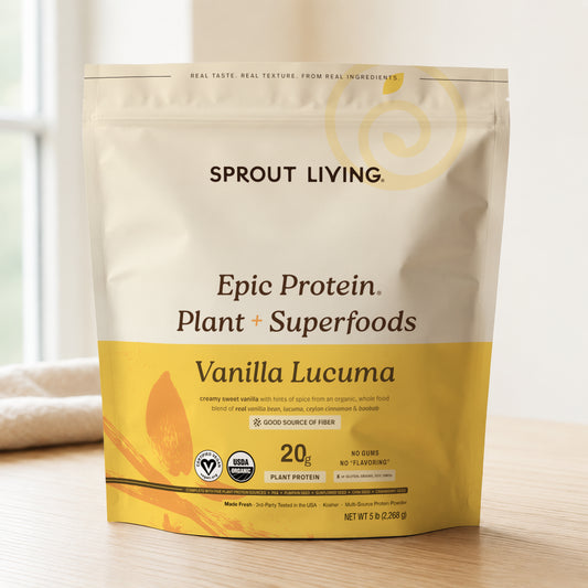 Epic Protein Organic Plant Protein powder in Vanilla Lucuma flavor with superfoods and 20g plant protein from Sprout Living.