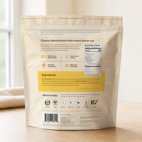Back view of Epic Protein organic plant protein powder packaging with nutrition facts and ingredients listed.