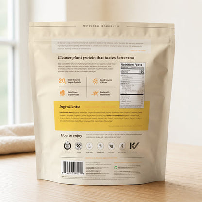 Back view of Epic Protein organic plant protein powder packaging with nutrition facts and ingredients listed.