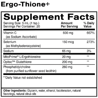 Supplement Facts label for Ergo-Thione+ showing various nutrients and their amounts per serving.