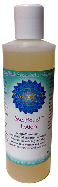 Sea Relief Lotion bottle showcasing Topical Magnesium for muscle recovery and tension relief.