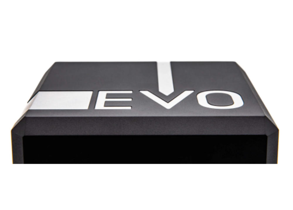A black rectangular product with a matte finish, featuring the word 'EVO' in white on the top surface, alongside a white vertical arrow and a white square graphic, shown against a plain white background.
