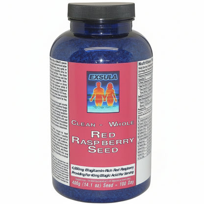 Bottle of Exsula Red Raspberry Seed supplement on a white background
