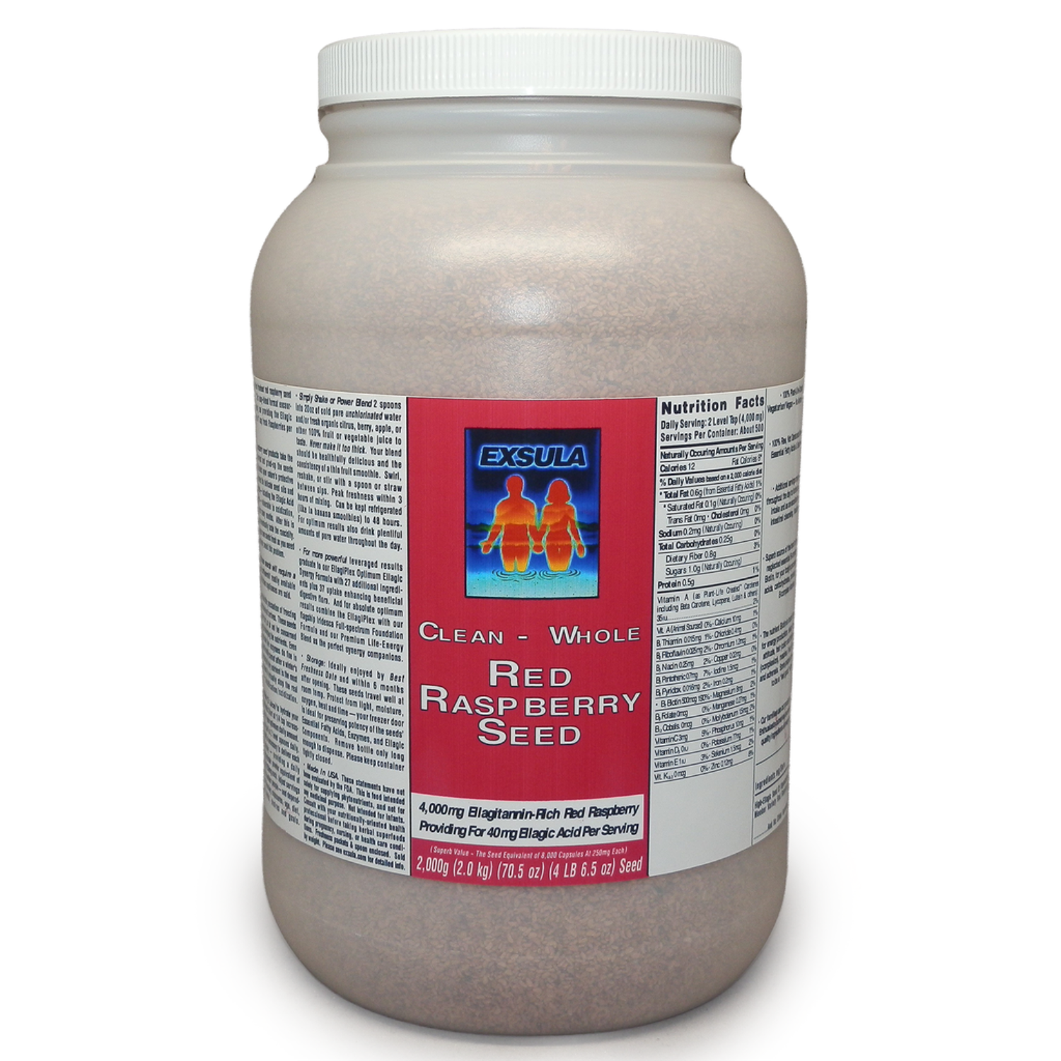 Container of Exsula Red Raspberry Seed powder with a red label on a white background