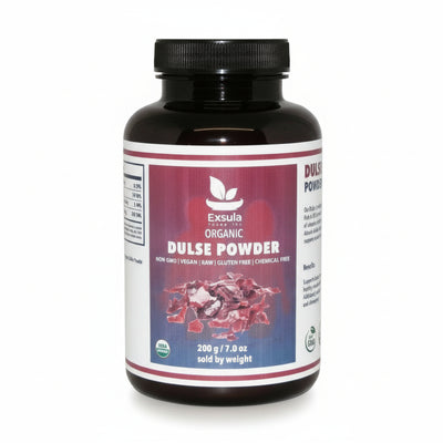 Bottle of Exsula Organic Dulse Powder on a white background