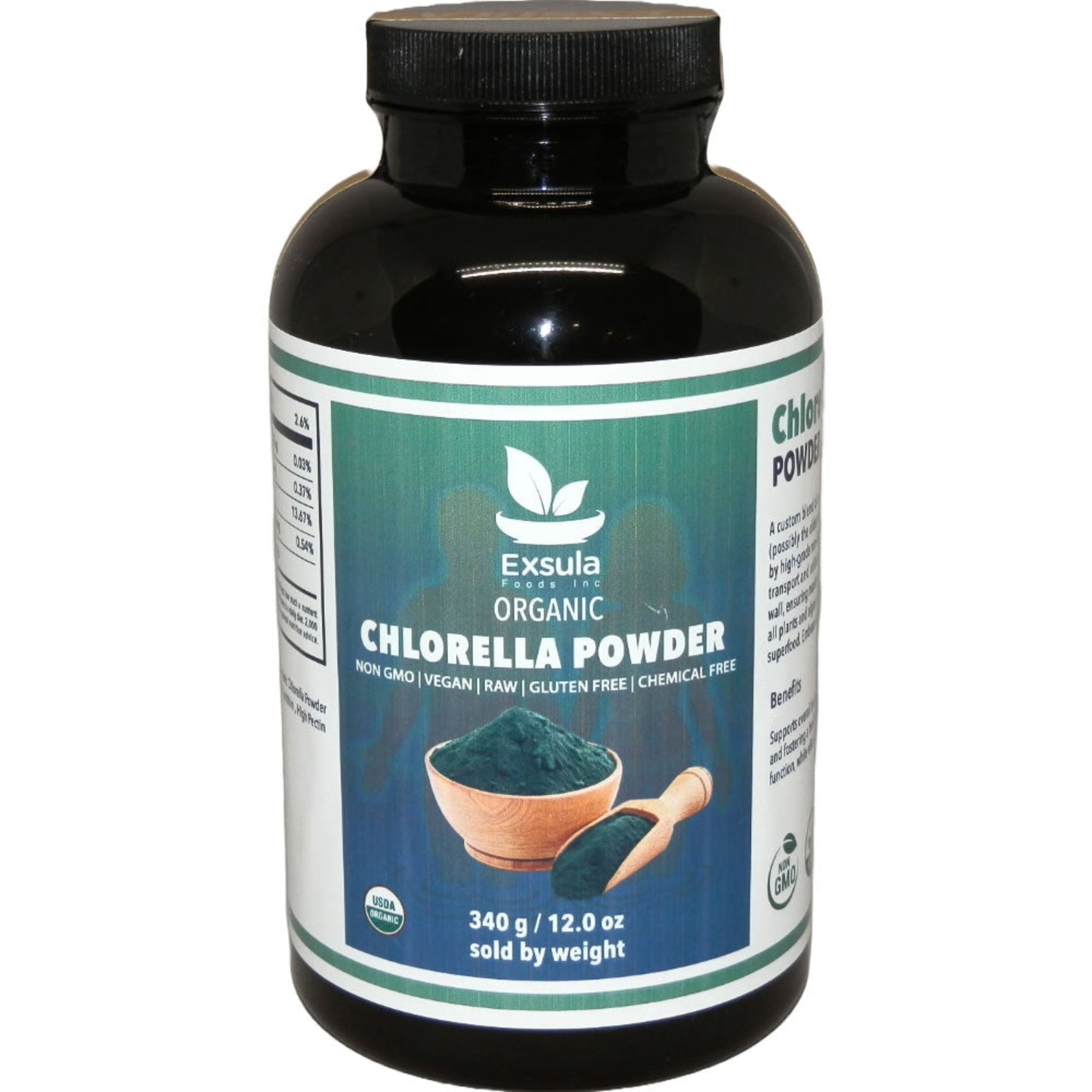 Bottle of Exsula Organic Chlorella Powder on a white background