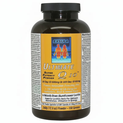 Exsula Ultimate Q10 powder supplement bottle on a white background