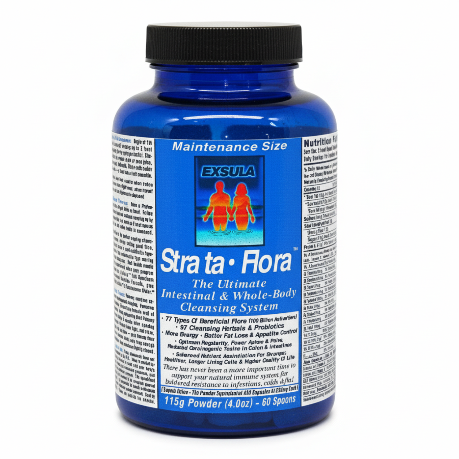 Blue supplement bottle labeled 'Strata Flora' with Exsula branding on a white background