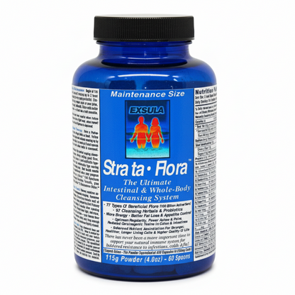 Blue supplement bottle labeled 'Strata Flora' with Exsula branding on a white background