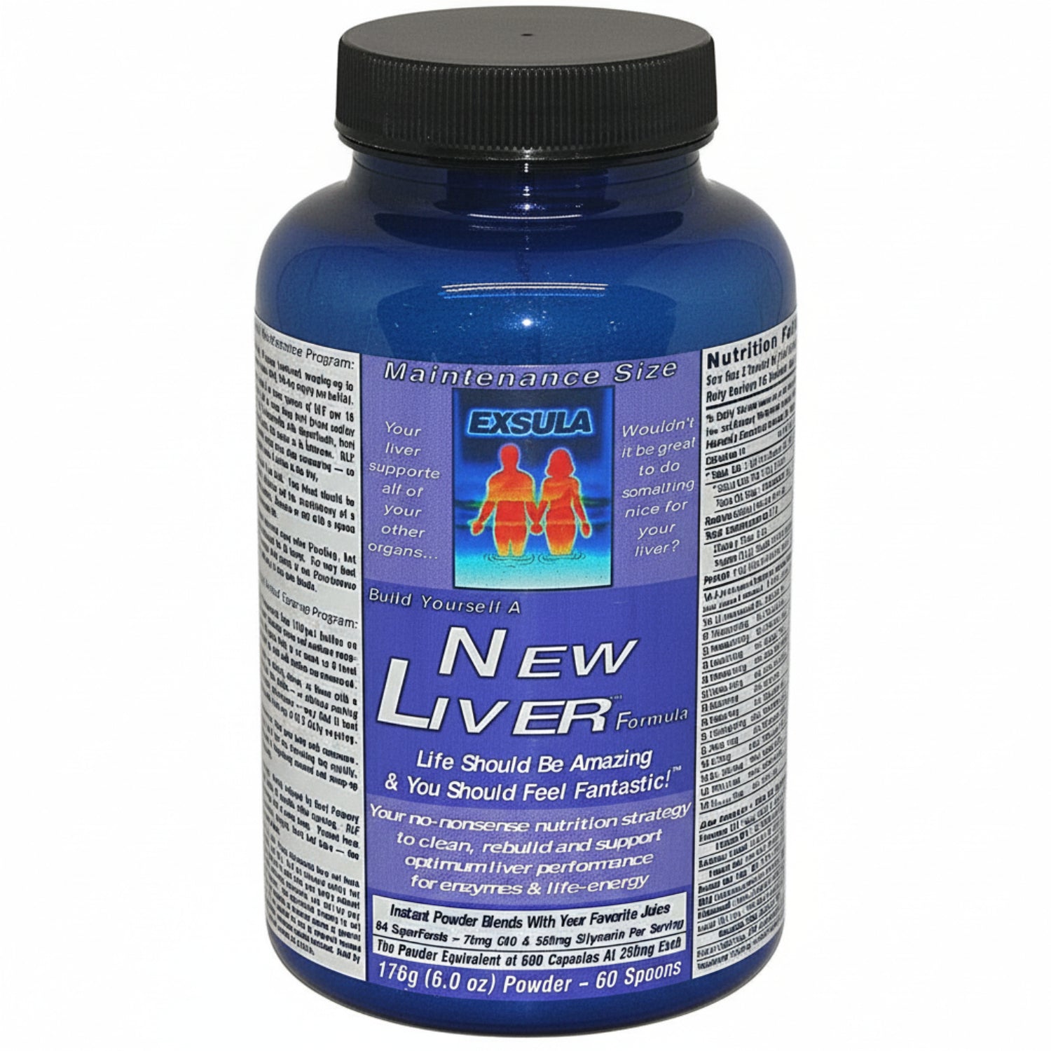 Blue supplement bottle labeled 'New Liver' with Exsula branding on a white background